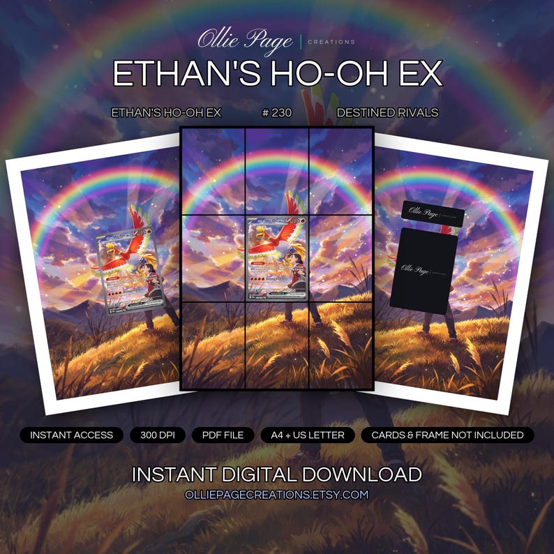 Ethan's Ho-Oh EX 230/182 collector bundle — extended binder page plus 8x10 full-art and PSA framed prints in a Vibrant sunset landscape with golden grassland, dramatic rainbow sky, purple and orange clouds, mountains, and magical ethereal lighting creating a mystical atmospheric scene., printable digital download by Ollie Page Creations