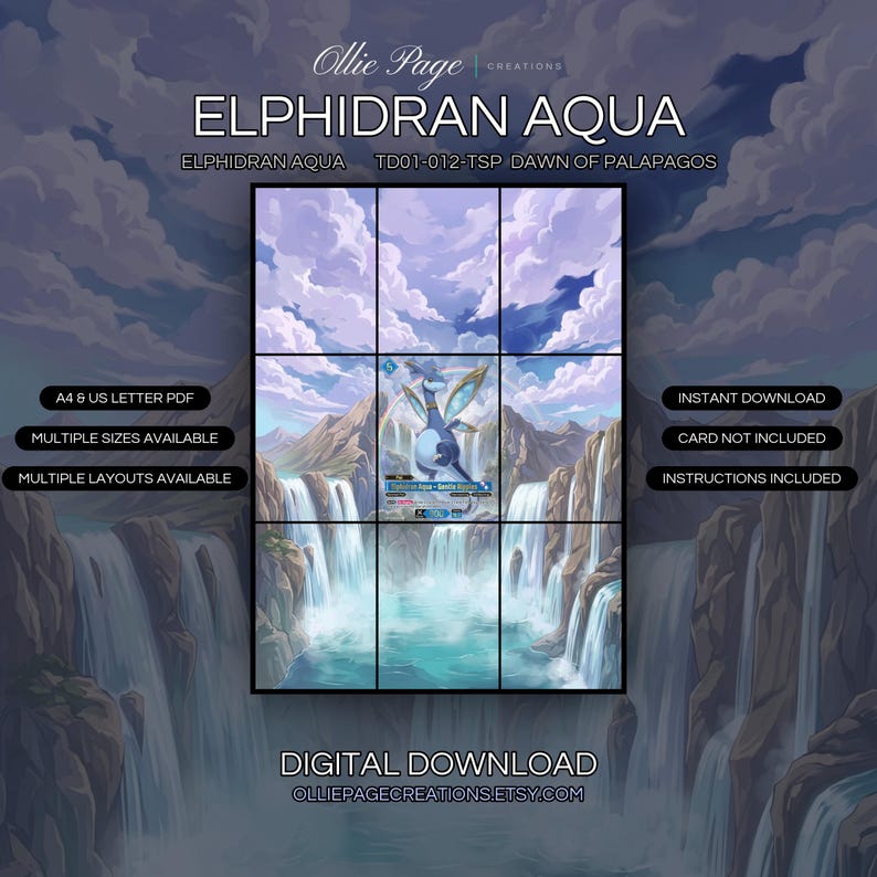 Elphidran Aqua TD01-012-TSP extended art binder page in a Ethereal fantasy landscape featuring cascading waterfalls, turquoise pools, towering mountains, billowing clouds, and a vibrant rainbow arcing across a serene sky., printable 9-pocket TCG display insert by Ollie Page Creations
