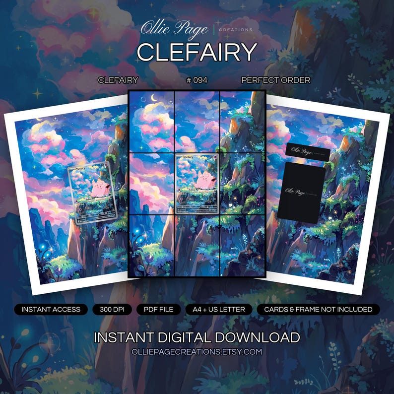 Clefairy 094/088 collector bundle — extended binder page plus 8x10 full-art and PSA framed prints in a Vibrant fantasy landscape featuring luminous pink and blue clouds