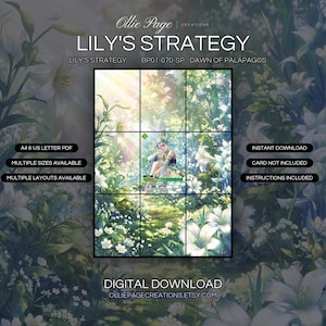 Lily's Strategy BP01-070-SP extended art binder page in a Luminous garden scene with white lilies, lush green foliage, and soft golden sunlight filtering through blooming flowers in a serene, ethereal botanical setting., printable 9-pocket TCG display insert by Ollie Page Creations