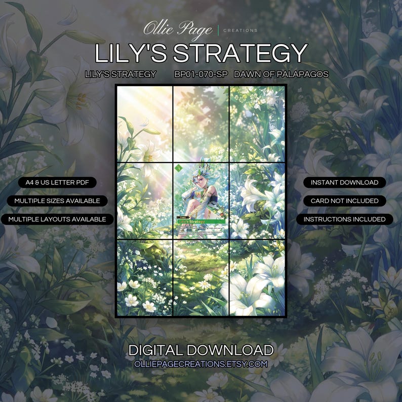 Lily's Strategy BP01-070-SP extended art binder page in a Luminous garden scene with white lilies, lush green foliage, and soft golden sunlight filtering through blooming flowers in a serene, ethereal botanical setting., printable 9-pocket TCG display insert by Ollie Page Creations