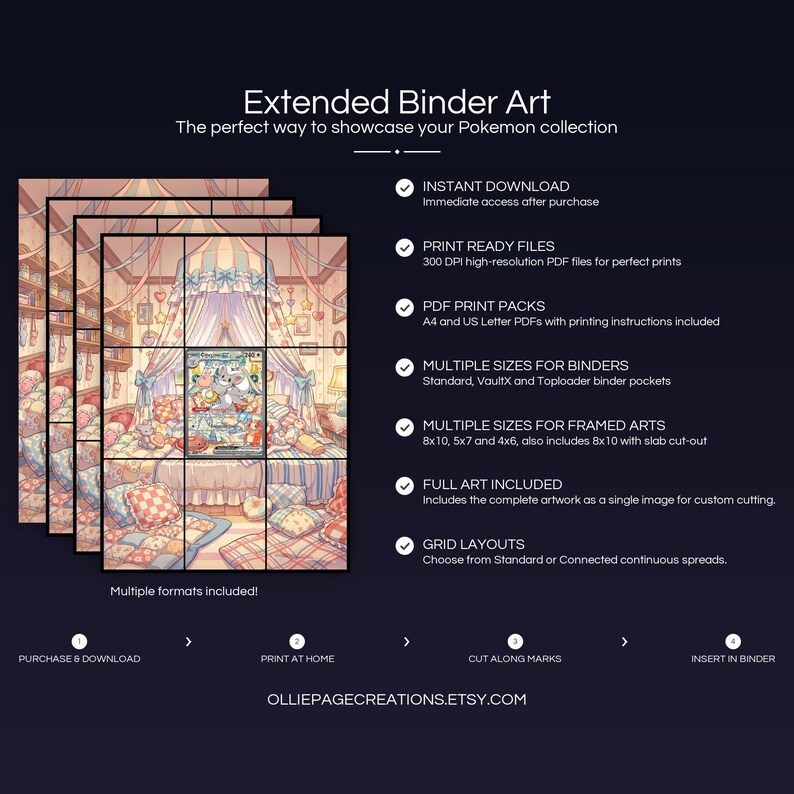 Collector bundle feature overview for Cinccino EX extended binder art — binder page grids plus 8x10, 5x7, 4x6 and PSA-style framed prints, 300 DPI instant digital download