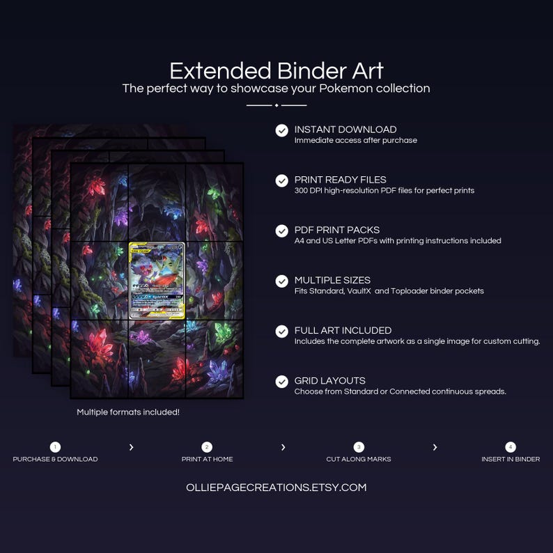 Product feature overview for Mega Sableye & Tyranitar GX extended binder art — 300 DPI print-ready files, multiple sizes and grid layouts, instant digital download
