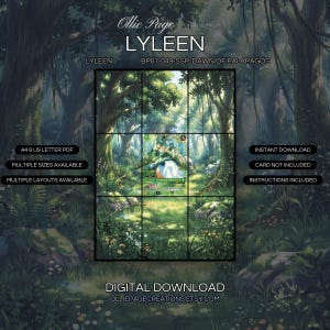 Lyleen BP01-049-SSP extended art binder page in a Lush enchanted forest with towering trees, dappled sunlight filtering through green canopy, wildflowers dotting verdant meadow, misty atmospheric woodland clearing., printable 9-pocket TCG display insert by Ollie Page Creations