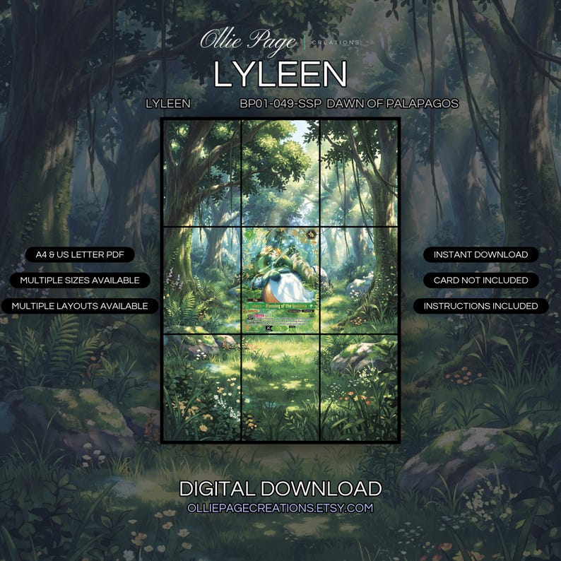 Lyleen BP01-049-SSP extended art binder page in a Lush enchanted forest with towering trees, dappled sunlight filtering through green canopy, wildflowers dotting verdant meadow, misty atmospheric woodland clearing., printable 9-pocket TCG display insert by Ollie Page Creations