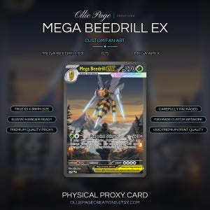 Puede incluir: Una carta coleccionable personalizada Mega Beedrill EX de 63 x 88mm. La carta muestra una criatura insecto amarilla y negra con aguijones plateados sobre un paisaje montañoso. El texto incluye Mega Beedrill EX, 270 HP y Pinpoint Stinger.