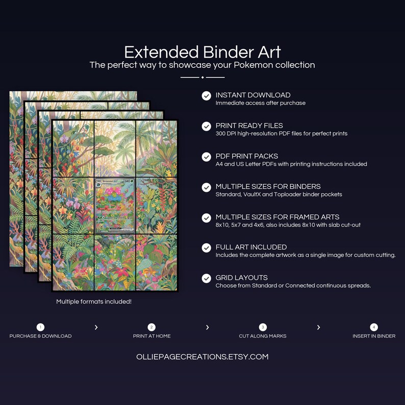 Collector bundle feature overview for Venusaur EX extended binder art — binder page grids plus 8x10, 5x7, 4x6 and PSA-style framed prints, 300 DPI instant digital download