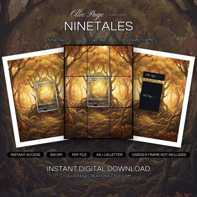 Ninetales 199/197 collector bundle — extended binder page plus 8x10 full-art and PSA framed prints in a Warm golden autumn forest with towering trees