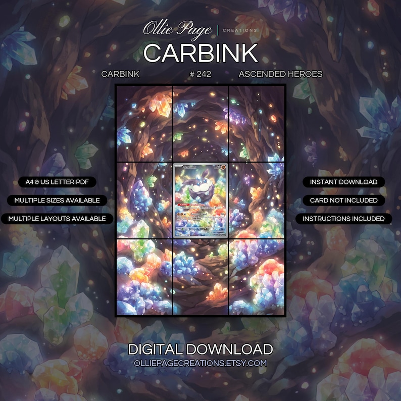 Carbink 242/214 extended art binder page in a Luminous crystal cavern with glowing multicolored gemstones