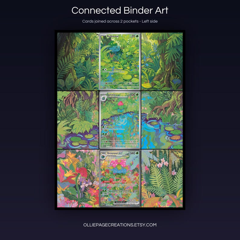 Venusaur Evolution 166 + 167 + 198 connected binder art joining across two pockets, left side, printable extended card display for 9-pocket binders
