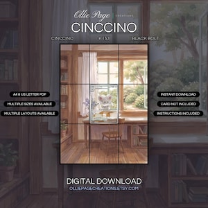 Cinccino 153/086 extended art binder page in a Warm, sunlit study room with wooden furniture, white curtains, purple flowers in a vase, stacked books, and a garden view through large windows., printable 9-pocket TCG display insert by Ollie Page Creations