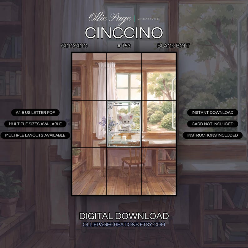 Cinccino 153/086 extended art binder page in a Warm, sunlit study room with wooden furniture, white curtains, purple flowers in a vase, stacked books, and a garden view through large windows., printable 9-pocket TCG display insert by Ollie Page Creations