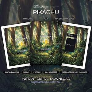 Pikachu 276/217 collector bundle — extended binder page plus 8x10 full-art and PSA framed prints in a Ethereal forest scene with towering trees