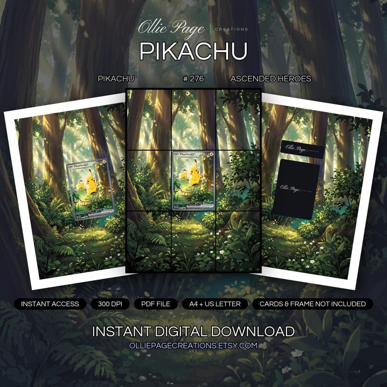 Pikachu 276/217 collector bundle — extended binder page plus 8x10 full-art and PSA framed prints in a Ethereal forest scene with towering trees