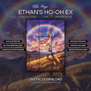 Ethan's Ho-Oh EX 230/182 extended art binder page in a Vibrant sunset landscape with golden grassland, dramatic rainbow sky, purple and orange clouds, mountains, and magical ethereal lighting creating a mystical atmospheric scene., printable 9-pocket TCG display insert by Ollie Page Creations
