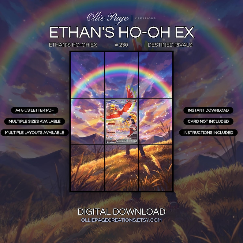 Ethan's Ho-Oh EX 230/182 extended art binder page in a Vibrant sunset landscape with golden grassland, dramatic rainbow sky, purple and orange clouds, mountains, and magical ethereal lighting creating a mystical atmospheric scene., printable 9-pocket TCG display insert by Ollie Page Creations