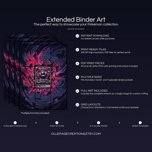 Product feature overview for Morpeko EX extended binder art — 300 DPI print-ready files, multiple sizes and grid layouts, instant digital download