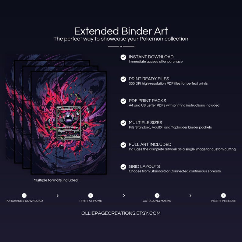 Product feature overview for Morpeko EX extended binder art — 300 DPI print-ready files, multiple sizes and grid layouts, instant digital download