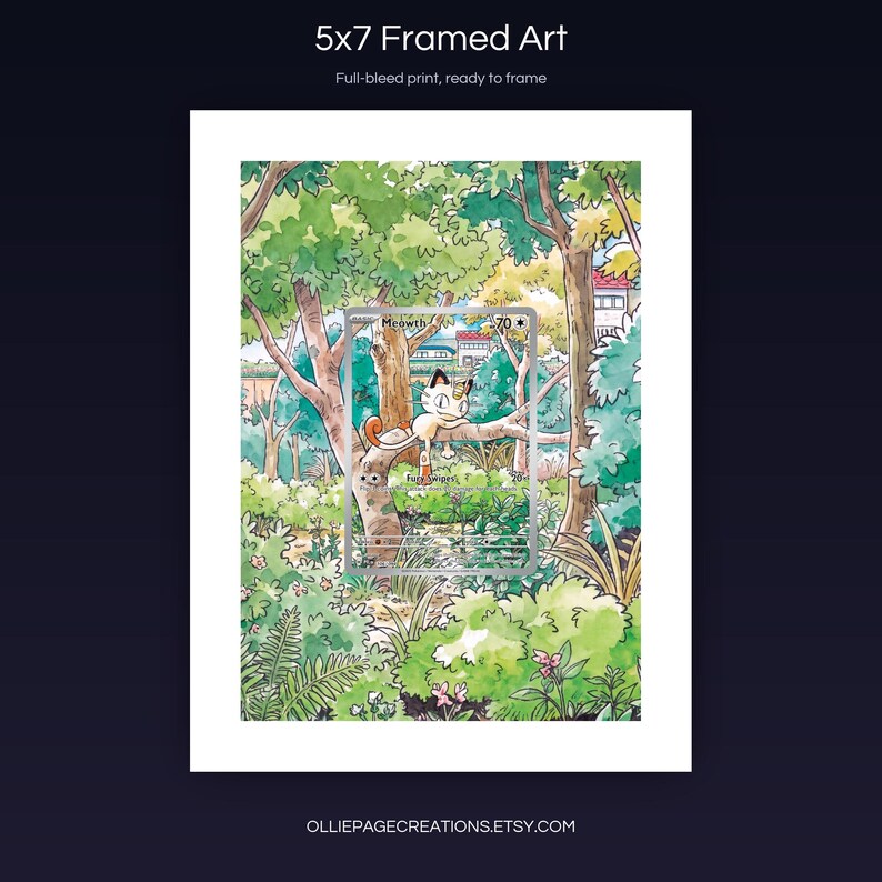 Meowth 106/094 5x7 full-bleed framed art print, ready to frame, Phantasmal Flames