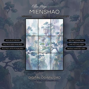 Mienshao 200/182 extended art binder page in a Ethereal misty mountain landscape with towering cliffs, lush green trees, soft watercolor palette, and atmospheric fog throughout serene rocky terrain., printable 9-pocket TCG display insert by Ollie Pag