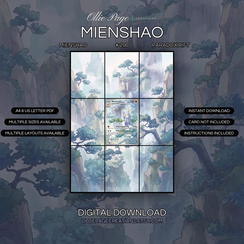 Mienshao 200/182 extended art binder page in a Ethereal misty mountain landscape with towering cliffs, lush green trees, soft watercolor palette, and atmospheric fog throughout serene rocky terrain., printable 9-pocket TCG display insert by Ollie Pag