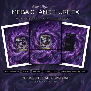 Mega Chandelure EX 115/084 collector bundle — extended binder page plus 8x10 full-art and PSA framed prints in a Dramatic purple and gold swirling vortex with mystical magical energy, dark atmospheric spiral creating an otherworldly portal environmen