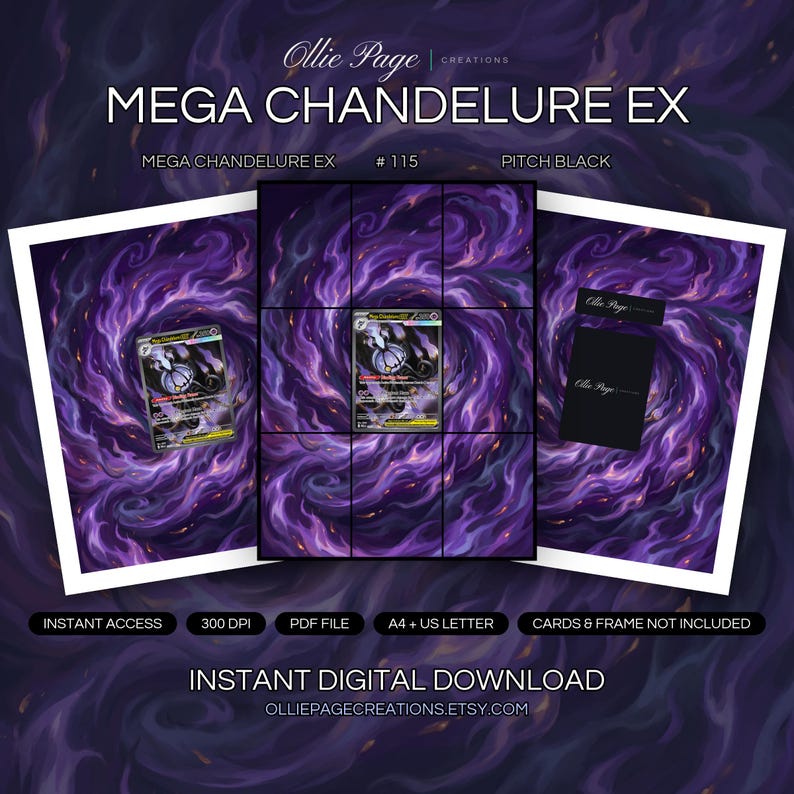 Mega Chandelure EX 115/084 collector bundle — extended binder page plus 8x10 full-art and PSA framed prints in a Dramatic purple and gold swirling vortex with mystical magical energy, dark atmospheric spiral creating an otherworldly portal environmen