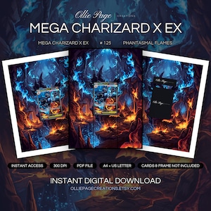 Mega Charizard X EX 125/094 Binder Art + Framable Print Bundle | Extended Art 9-Pocket Display | 8x10 5x7 4x6 | Phantasmal Flames
