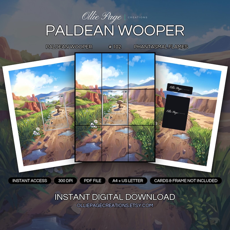 Paldean Wooper 102/094 collector bundle — extended binder page plus 8x10 full-art and PSA framed prints in a Vibrant fantasy landscape featuring lush green valleys