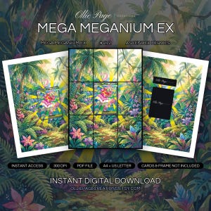 Mega Meganium EX 272/217 collector bundle — extended binder page plus 8x10 full-art and PSA framed prints in a Vibrant tropical jungle landscape with lush green foliage