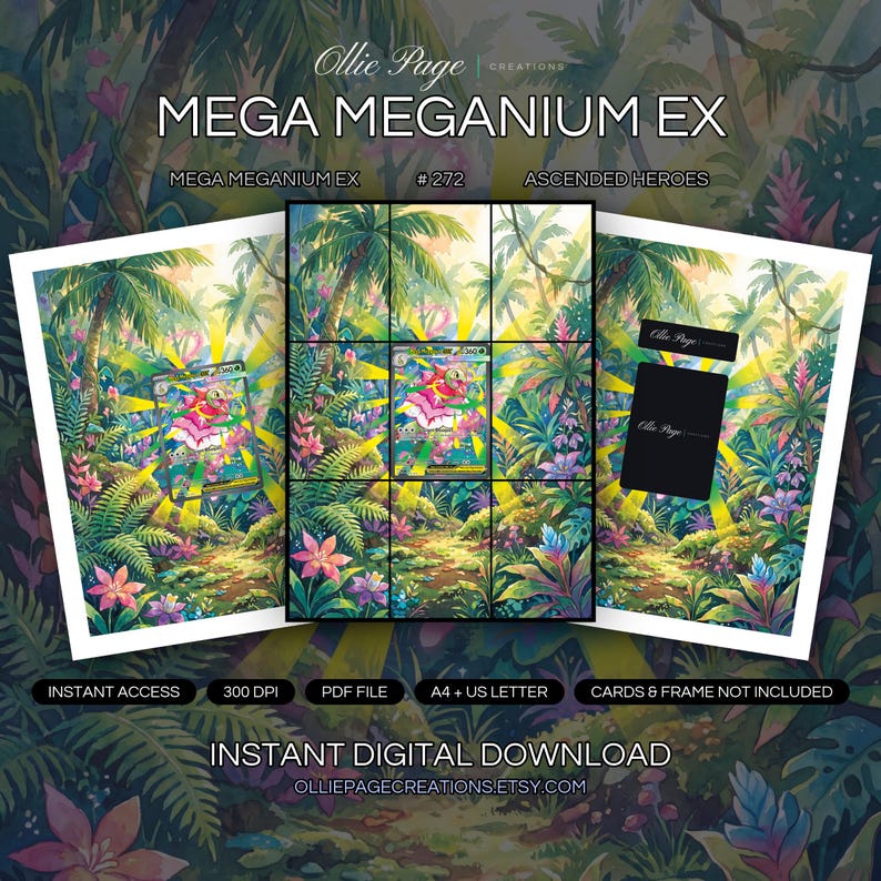 Mega Meganium EX 272/217 collector bundle — extended binder page plus 8x10 full-art and PSA framed prints in a Vibrant tropical jungle landscape with lush green foliage