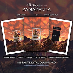 Zamazenta 201/182 collector bundle — extended binder page plus 8x10 full-art and PSA framed prints in a Dramatic desert landscape with fiery orange sunset sky, glowing light rays, rocky terrain, sparse vegetation, and intense atmospheric lighting., printable digital download by Ollie Page Creations