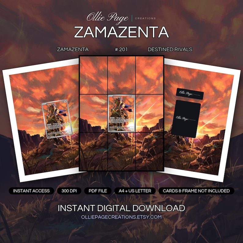 Zamazenta 201/182 collector bundle — extended binder page plus 8x10 full-art and PSA framed prints in a Dramatic desert landscape with fiery orange sunset sky, glowing light rays, rocky terrain, sparse vegetation, and intense atmospheric lighting., printable digital download by Ollie Page Creations