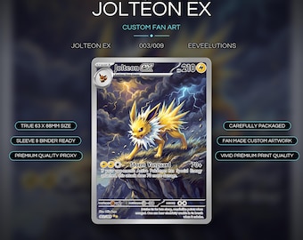 May include: A custom Jolteon EX fan art trading card measuring 63 x 88 mm. The card features a yellow, spiky creature standing on a cliff under a stormy, lightning-filled sky. Text includes 'Jolteon EX', 'Storm Vanguard', and '003/009' with HP 210.