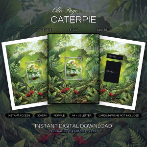 Caterpie 172/165 collector bundle — extended binder page plus 8x10 full-art and PSA framed prints in a Lush tropical jungle canopy with vibrant green leaves, dappled sunlight filtering through dense foliage, red flowering plants below, misty atmospheric background., printable digital download by Ollie Page Creations
