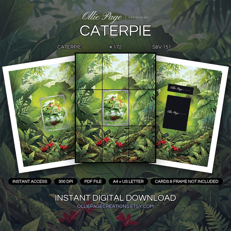 Caterpie 172/165 collector bundle — extended binder page plus 8x10 full-art and PSA framed prints in a Lush tropical jungle canopy with vibrant green leaves, dappled sunlight filtering through dense foliage, red flowering plants below, misty atmospheric background., printable digital download by Ollie Page Creations