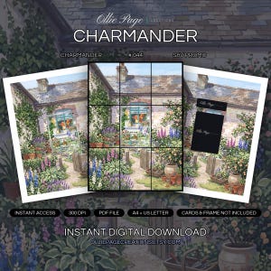 Charmander 044 collector bundle — extended binder page plus 8x10 full-art and PSA framed prints in a Vibrant cottage garden brimming with colorful flowers