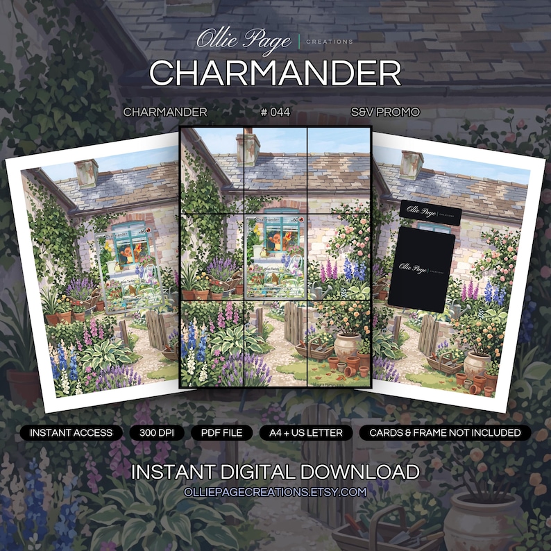 Charmander 044 collector bundle — extended binder page plus 8x10 full-art and PSA framed prints in a Vibrant cottage garden brimming with colorful flowers