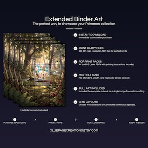 Product feature overview for Pachirisu extended binder art — 300 DPI print-ready files, multiple sizes and grid layouts, instant digital download