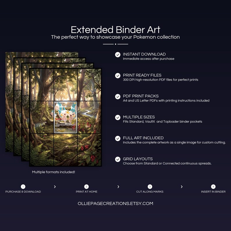 Product feature overview for Pachirisu extended binder art — 300 DPI print-ready files, multiple sizes and grid layouts, instant digital download