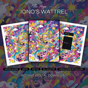 Iono's Wattrel 231/217 collector bundle — extended binder page plus 8x10 full-art and PSA framed prints in a Vibrant psychedelic space environment featuring neon pink