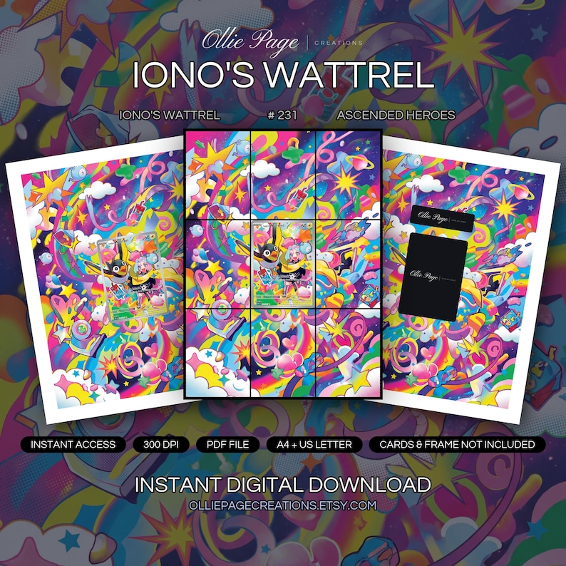 Iono's Wattrel 231/217 collector bundle — extended binder page plus 8x10 full-art and PSA framed prints in a Vibrant psychedelic space environment featuring neon pink