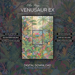 Venusaur EX 198/165 extended art binder page in a Vibrant tropical jungle landscape with lush layered foliage, colorful flowering plants, palm trees, and warm golden sunlight filtering through dense vegetation creating atmospheric depth., printable 9-pocket TCG display insert by Ollie Page Creations