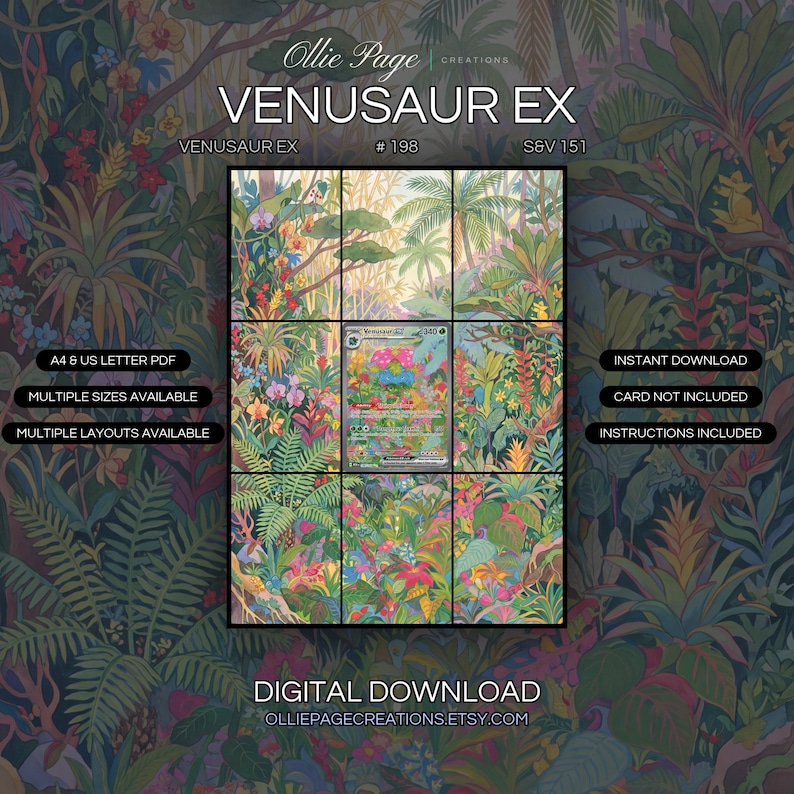 Venusaur EX 198/165 extended art binder page in a Vibrant tropical jungle landscape with lush layered foliage, colorful flowering plants, palm trees, and warm golden sunlight filtering through dense vegetation creating atmospheric depth., printable 9-pocket TCG display insert by Ollie Page Creations