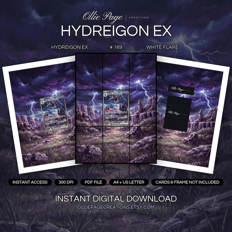 Hydreigon EX 169/086 collector bundle — extended binder page plus 8x10 full-art and PSA framed prints in a Dramatic thunderstorm over purple canyon landscape with intense lightning bolts