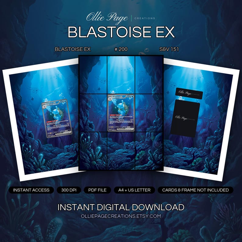 Blastoise EX 200/165 collector bundle — extended binder page plus 8x10 full-art and PSA framed prints in a Ethereal underwater cave with dramatic blue lighting, glowing bioluminescent flora, rocky formations, and god rays streaming from above., printable digital download by Ollie Page Creations