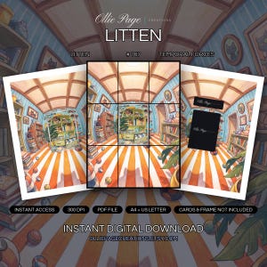 Litten 167/162 collector bundle — extended binder page plus 8x10 full-art and PSA framed prints in a Vibrant cylindrical library interior with striped orange-white flooring, blue-striped walls, wooden shelves, and warm natural light from ceiling opening., printable digital download by Ollie Page Creations