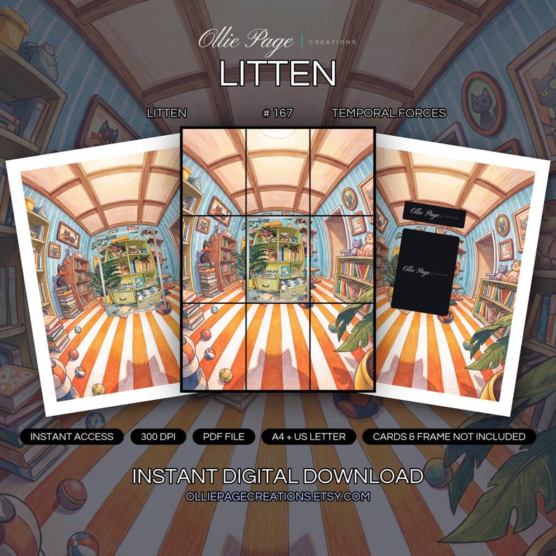 Litten 167/162 collector bundle — extended binder page plus 8x10 full-art and PSA framed prints in a Vibrant cylindrical library interior with striped orange-white flooring, blue-striped walls, wooden shelves, and warm natural light from ceiling opening., printable digital download by Ollie Page Creations