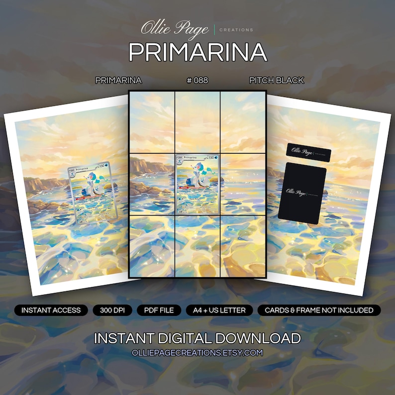 Primarina 088/084 collector bundle — extended binder page plus 8x10 full-art and PSA framed prints in a Serene coastal landscape with golden sunset light