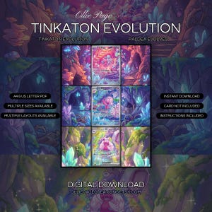 Tinkaton Evolution 216 + 217 + 262 extended art binder page in a Vibrant underground cavern with glowing pink magma, luminescent blue crystals, layered cave architecture, and atmospheric magical energy throughout three distinct environmental zones., printable 9-pocket TCG display insert by Ollie Page Creations